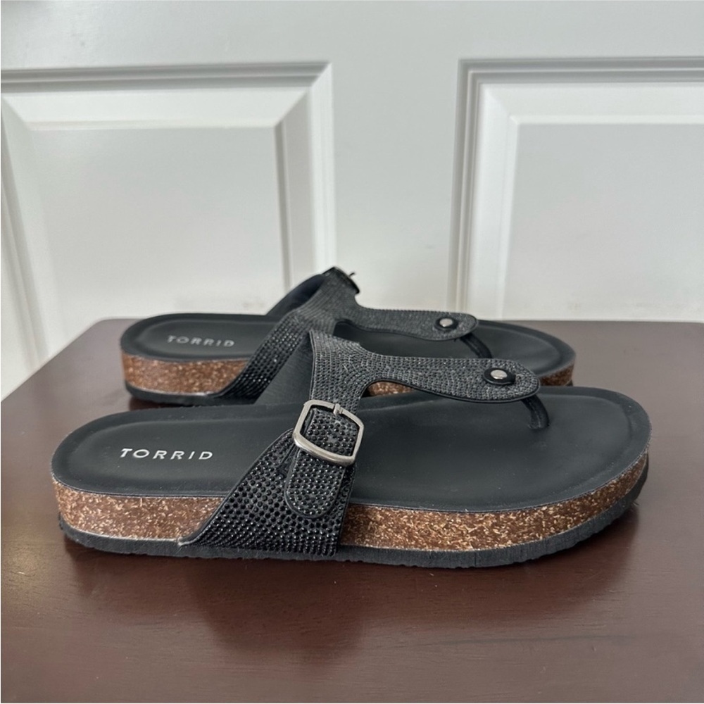 Torrid Women Size 8.5WW Rhinestone T-Strap Cork Flats Black Slip On Thong Sandal